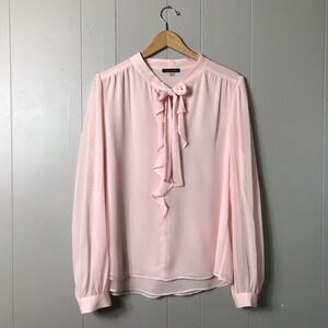 TOMMY HILFIGER SOFT PINK CHIFFON RUFFLE V NECK SECRETARY BLOUSE LINED WOMENS XL